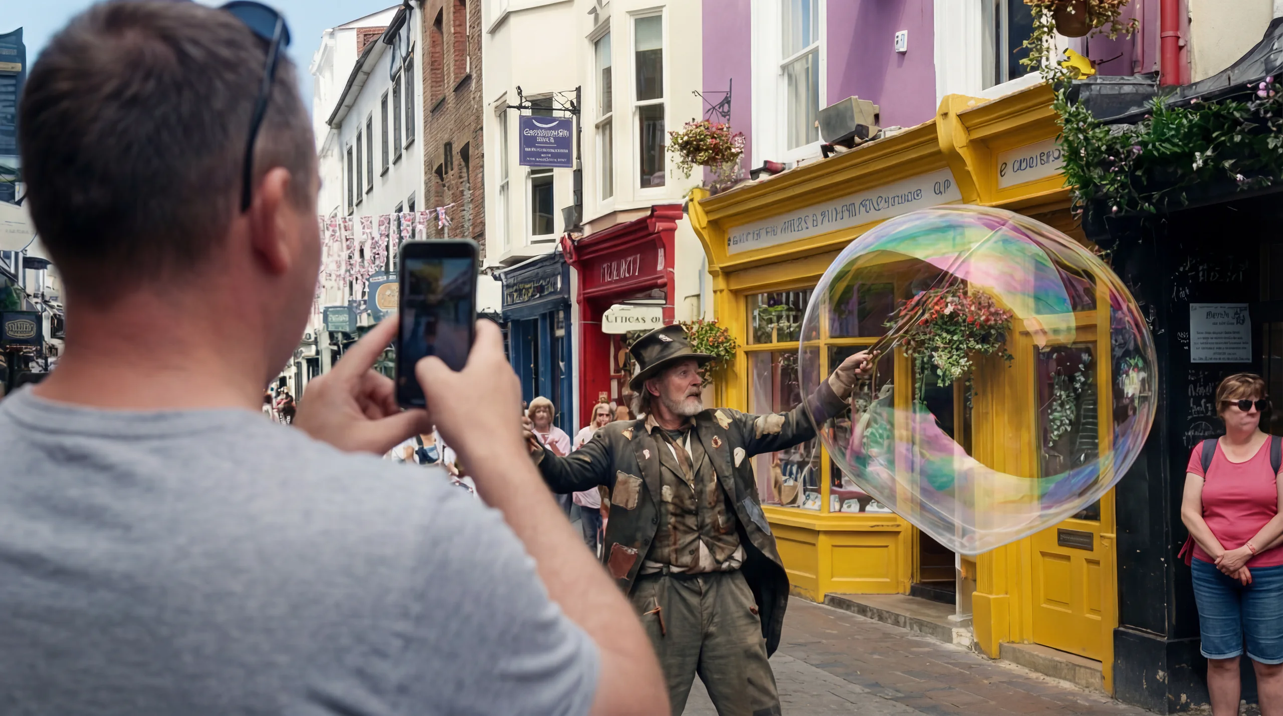 Street performer shaping a giant iridescent bubble in the Brighton Lanes