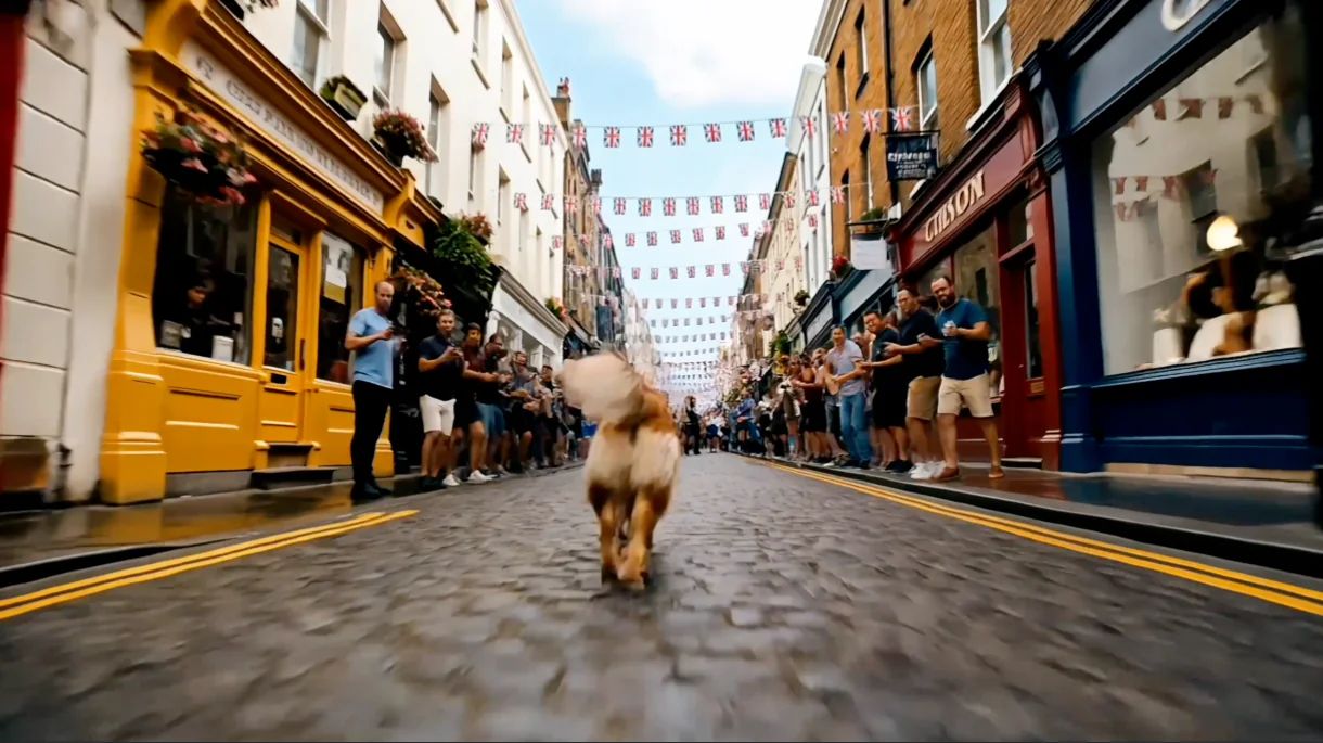 Low chase shot of the dog running between the crowd