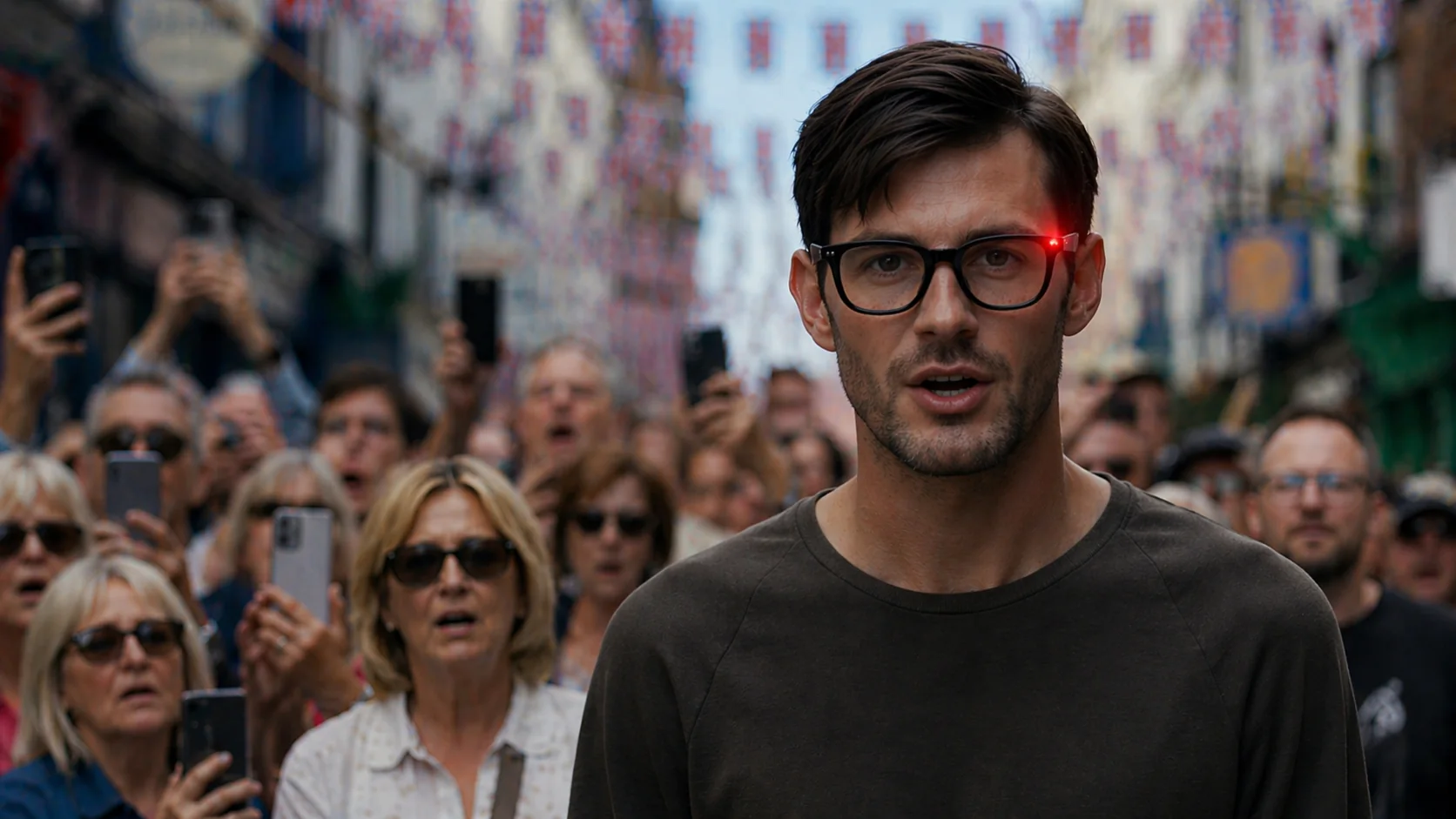 AI-glasses wearer standing calmly in front of the scrambling crowd