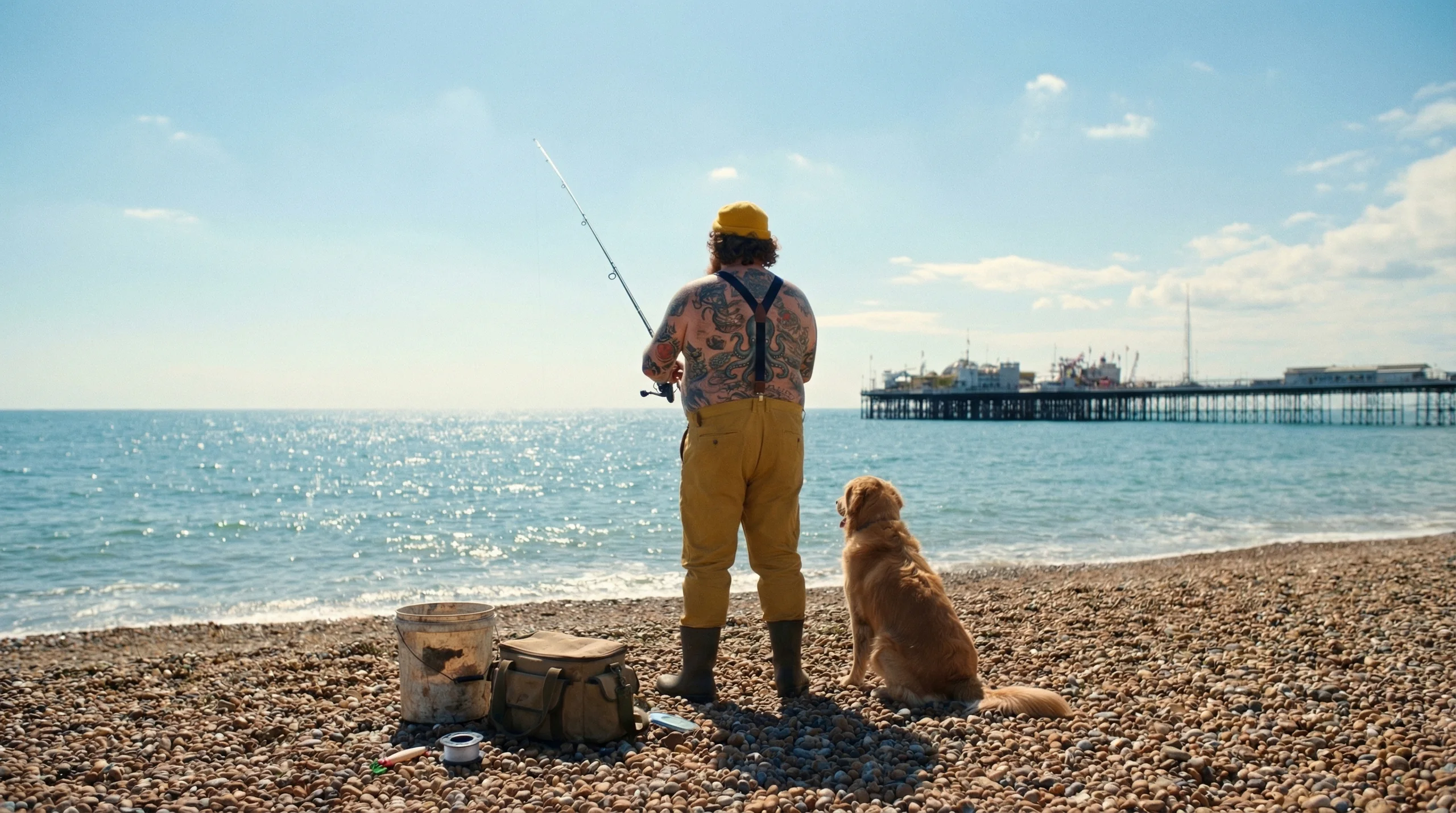 Fisherman and dog facing Brighton Pier at the start of the advert
