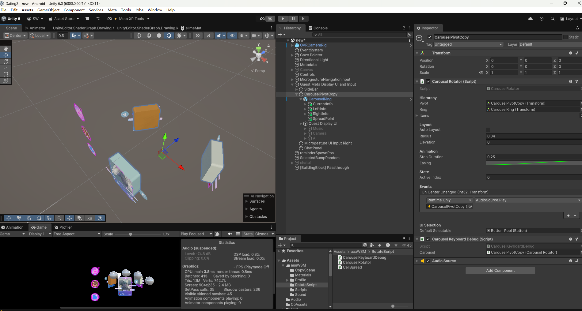 The main GameObject auto-lays out icons on a ring and smoothly rotates to the next focused item
