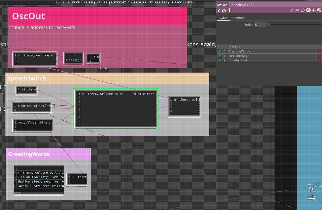 I used a Switch node in TouchDesigner to control different states sent to Unreal Engine's MetaHuman, with Python scripts managing greeting, dialogue, and closing states.