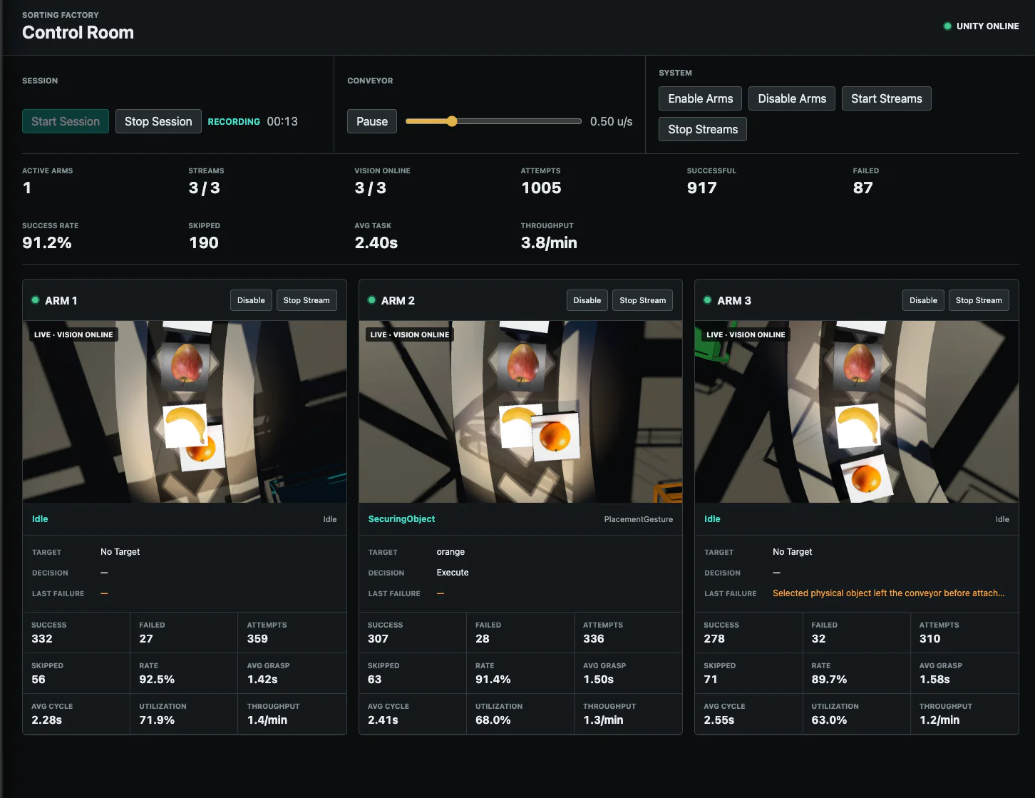 Browser control room showing the live status and pick statistics of three robotic arms