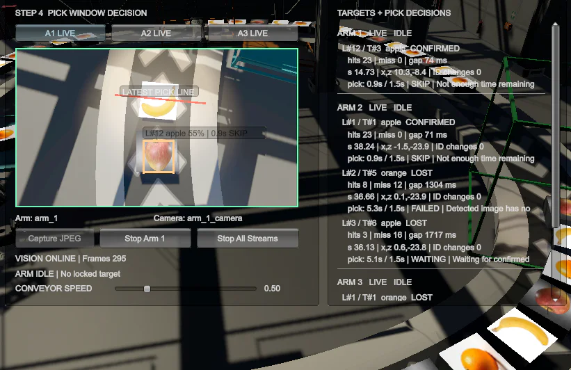 Unity sorting line showing YOLO detections and the red latest pick line