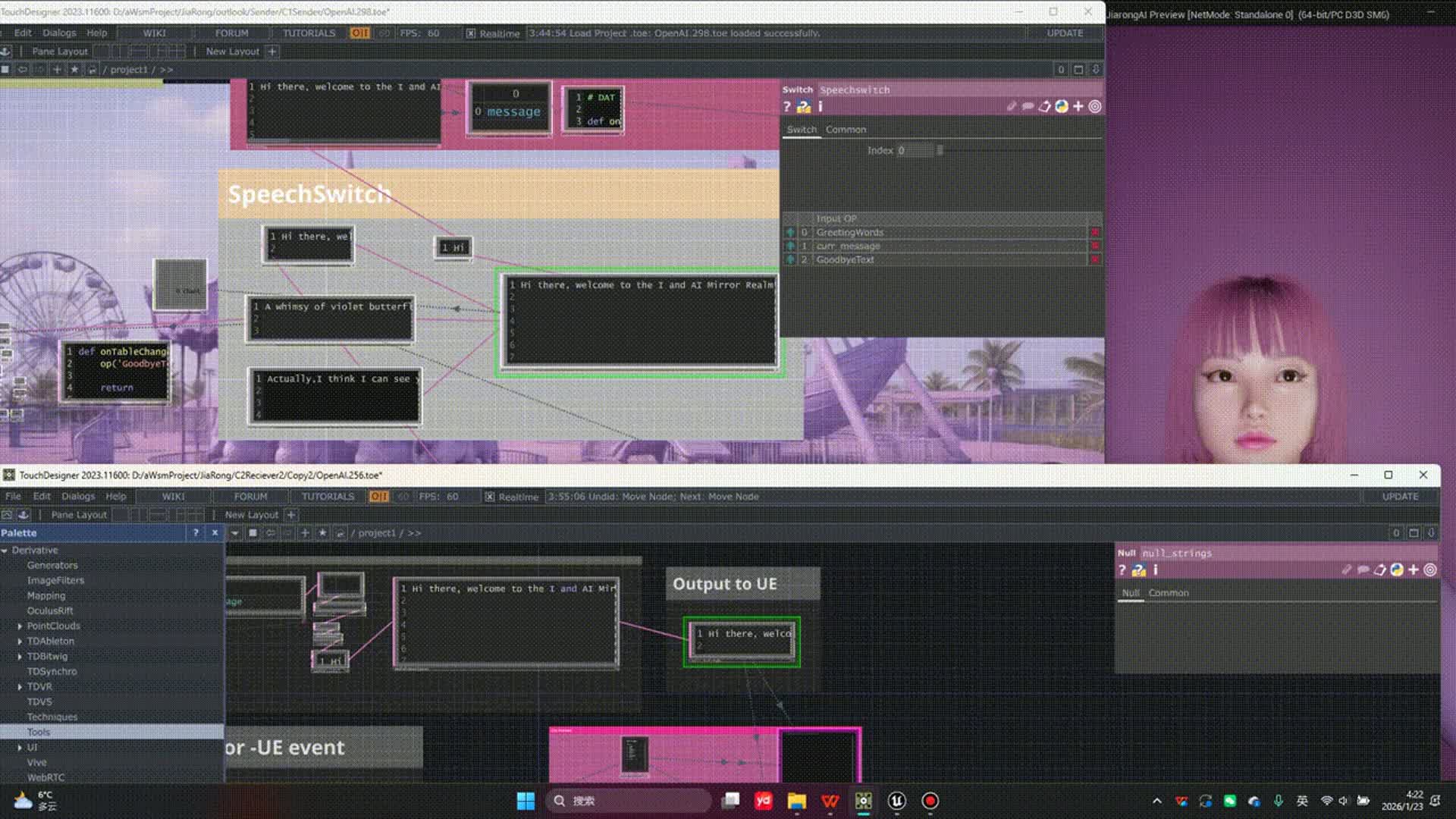 This demonstrates the transfer of data from TouchDesigner to Unreal Engine, enabling MetaHuman to generate output and respond to user speech.