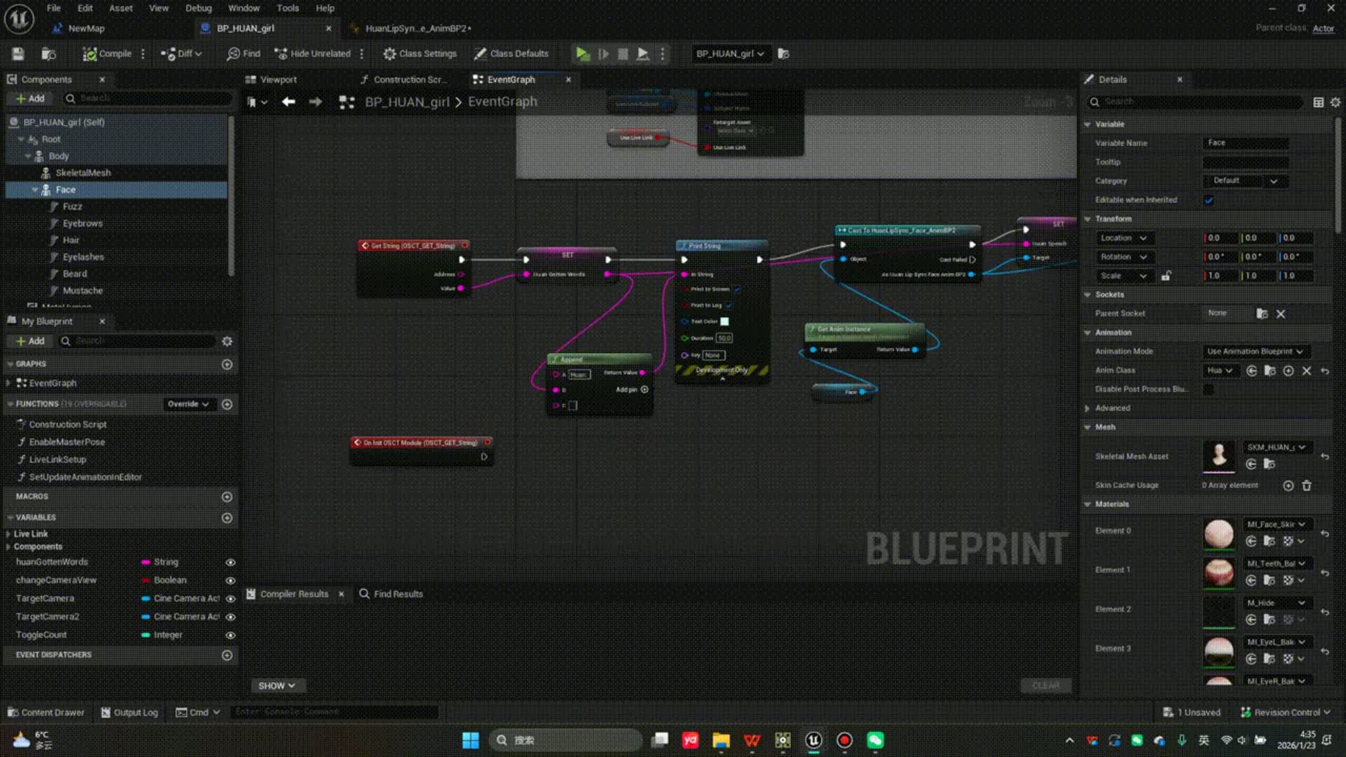 MetaHuman lip sync controlled via the Runtime MetaHuman Lip Sync plugin, with OSC-driven speech and mouth animation handled through Blueprints and an Animation Blueprint.